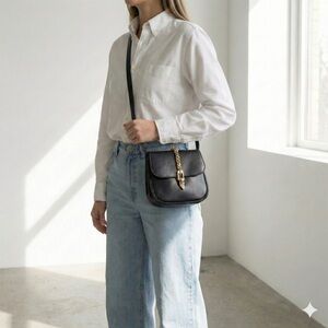 Vintage Celine dark blue Triomphe era leather chain clasp shoulder bag